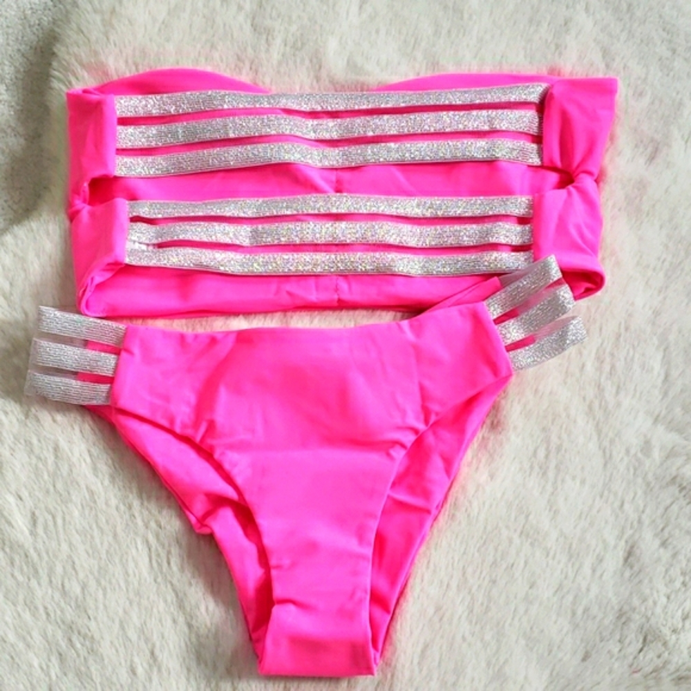 Pink Bandeau Top Ruched Back Bikini Set Swimsuit - Picture 7 of 7